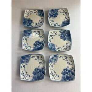 Asian Dessert Plate Set of 6 5.5" Square Blue Floral Pottery Ceramics